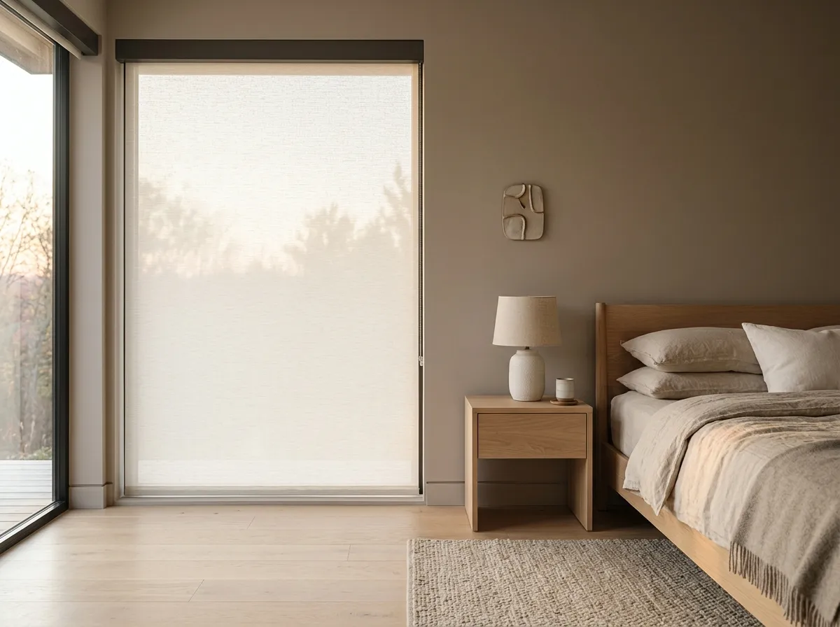 Bedroom at dawn with an ivory roller shade glowing softly over linen bedding